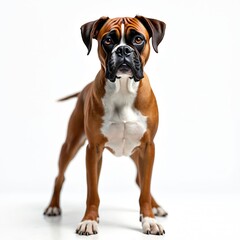Obraz premium Boxer dog looking at camera isolated on white background. Brown pedigree dog stands, posing, front view. Muscular pet demonstrates canine breed, breed standards, dog training.