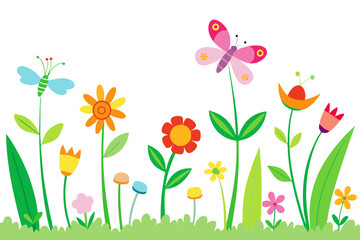 Colorful Spring Garden with Flowers, Butterflies, and Green Grass on White Background