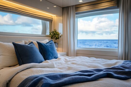 Fototapeta a luxury bedroom suite with an ocean view, featuring a cozy bed and stylish decor. The view of the ocean is seen through large windows 