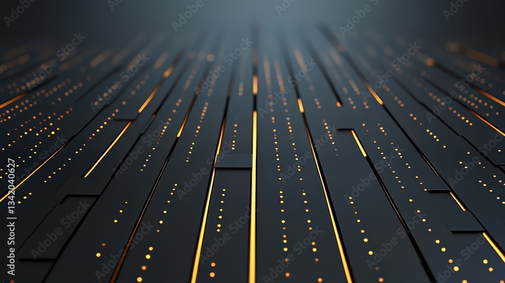 Poster black and orange background with a series of lines and dots. the image has a futuristic and industri