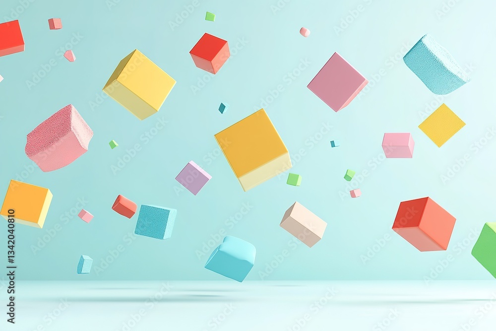Poster floating colorful cubes on a light blue background dynamic and playful composition