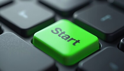 Close up shot of a green start button on dark keyboard. Initiative concept, modern tech. New project beginning, innovative ideas. Digital startup, future technology, business solution.