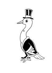 Pájaro grande y blanco vestido con frac y chistera. Ilustración vectorial