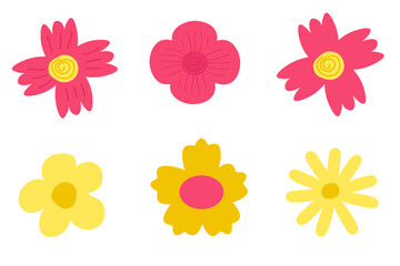 Set of flowers in flat style. Yellow and pink spring elements