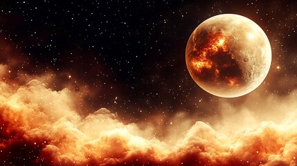 Obraz premium A fiery celestial body floats among the glowing clouds of space