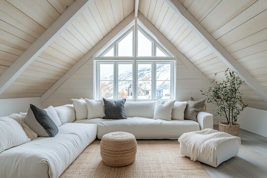 cozy attic living room with modern design and triangle windows