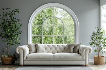 Fototapeta premium a luxurious sofa in a bright, modern living room with a large arched window and houseplant
