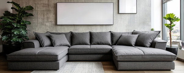 a modern living room interior with a large grey sectional sofa and decorative plants