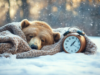 Funny image of a bear hibernating in winter forest snow, sleeping beside vintage alarm clock to wake him up in spring