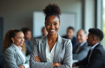 Young black businesswoman portrait. Confident leader stands with arms crossed in front of diverse team. Professional executive exudes success, ambition, determination in corporate environment.