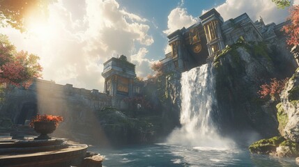 Fototapeta premium Serene Waterfall Cascading Past Ancient Stone Ruins