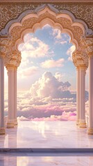 Indian Wedding Terrace Palace, Golden Archway Overlooking Infinity, Soft Holi Dust on Marble. Background Frame. Copy space. Generative AI