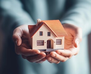 A person holding a small house model, symbolizing homeownership, investment, and real estate. Ideal for housing ads, financial services, and mortgage promotions