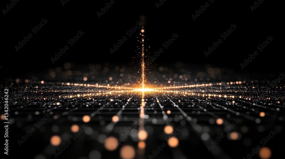 Poster black and white image of a star with a bright light shining on it. the image has a futuristic and my