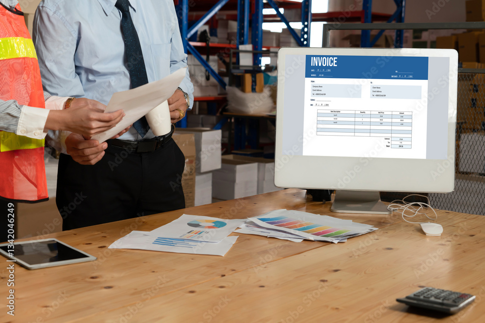 Poster invoice on computer screen from accounting application. computer program for financial and budget of