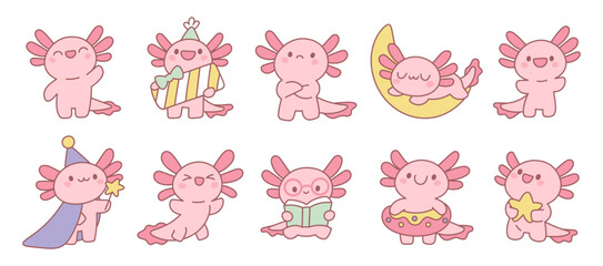 Cute axolotl character. Funny newt, pink kawaii aquatic amphibian, cartoon salamander, kids mascot, different actions, funny reptile, tropical pet, stickers collection, garish vector set