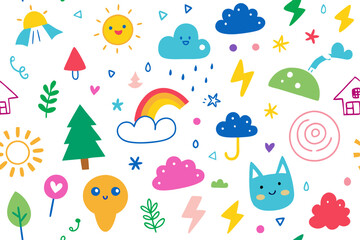 Joyful Doodle Pattern with Sun, Rainbow, Clouds, Trees, and Houses on White Background Kids
