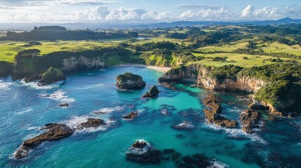 Obraz premium Aerial View of Turquoise Ocean Coastline with Rocks