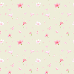  Digital spring pattern with pink flowers and sakura petals for seamless pattern.