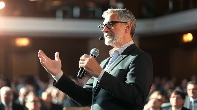 Leader delivering keynote speech at conference