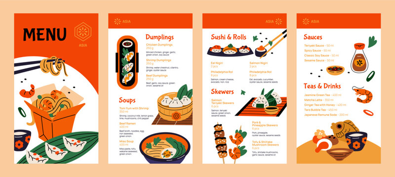 Asian food menu template. Restaurant cuisine list of dishes design, chinese, korean, japanese traditional food, seafood and noodles cartoon flat style isolated garish vector concept