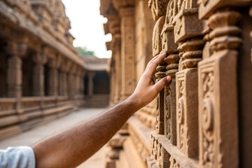 Hand touching intricate temple carvings in historical architecture 