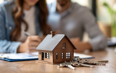 A blurred couple sit at a table and sign a house lease on a wooden desk with keys. A real estate agent is presenting a small model of a new home to his clients during a  contest. 