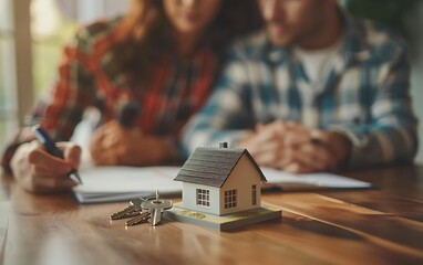 A blurred couple sit at a table and sign a house lease on a wooden desk with keys. A real estate agent is presenting a small model of a new home to his clients during a  contest. 