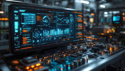 Obraz premium Futuristic Tech Display Cyberpunk UI Design on Computer Screen