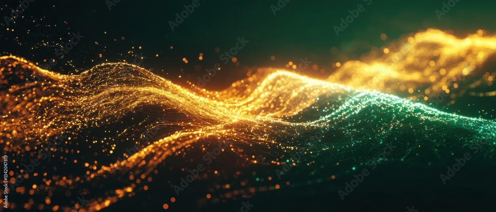 Aufkleber abstract flowing data stream with glowing particles in gold and green concept of technology, digital