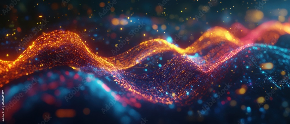 Poster abstract glowing particle waves in orange and blue, representing data flow, technology, and futurist