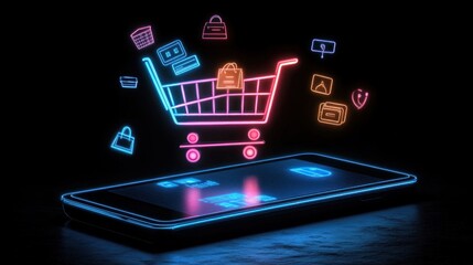 Neon Shopping Cart Hovers Over Smartphone