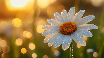 Daisy covered in morning dew at sunrise with golden glowing light