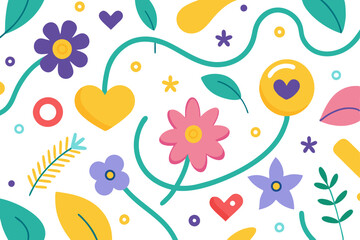 Playful Floral Pattern with Hearts, Leaves, and Circles Cheerful Design for Fabrics, Backgrounds, and Creative Projects