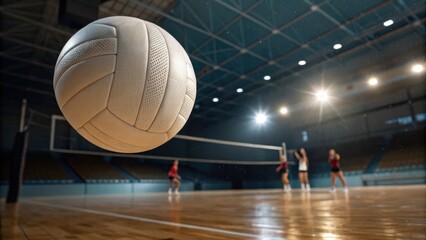 summer sports Dynamic volleyball action captured in a sports arena with players and a soaring ball.
