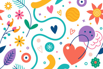 Playful Floral and Heart Pattern, Cheerful Abstract Design with Vibrant Colors for Spring and Summer Themes