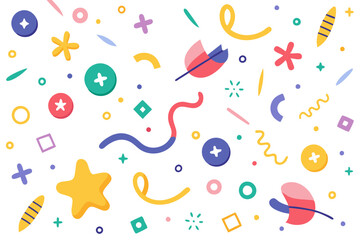 Playful Geometric Shapes and Confetti on White Background Abstract Celebration, Kids Party, Invitation, Background Design