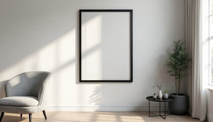 Black frame mockup poster on white wall in light cozy room. Empty sheet template for lettering, interior decor presentation. Minimalist art design with armchair, plant, table on floor.
