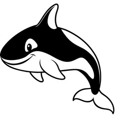 Obraz premium Playful Orca Cartoon Mascot, Smiling Killer Whale Outline Illustration, Aquatic Mammal, Ocean Wildlife, Black and White