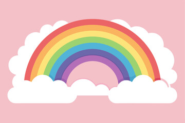 Playful Rainbow Arc with Clouds on a Pink Background, Cheerful Children's Illustration, Sky Theme for Kids