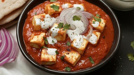 Top view of paneer butter masala Cottage Cheese Tomato Gravy garnished with cream and coriander served with roomali roti and sliced onions