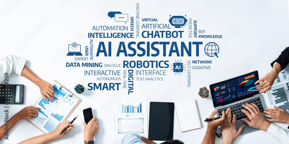 Aufkleber a diverse team collaborates over ai technology concepts, exploring virtual assistants, automation, a