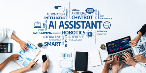 A diverse team collaborates over AI technology concepts, exploring virtual assistants, automation, and data analytics. The image depicts innovation and strategic teamwork. Amity