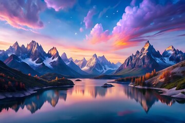 Sunset over the Majestic Mountains and Serene Lake
