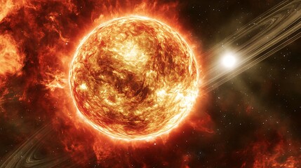 Obraz premium A bright fiery sun surrounded by space elements and bright stars