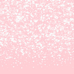 Sprinkled hearts valentine template. White hearts scattered on pink background. Festive sprinkled hearts vector illustration.