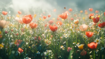Obraz premium Vibrant Poppy Field with Butterflies in Soft Sunlight