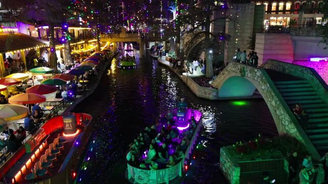 Holiday Lights on The San Antonio River Walk at Night, San Antonio, Texas, USA