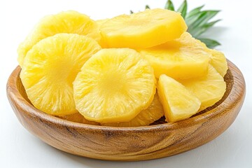 Fresh ripe pineapple slices on a wooden bowl against white background