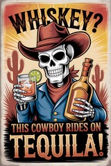  A cowboy skull holding a bottle of tequila in the desert